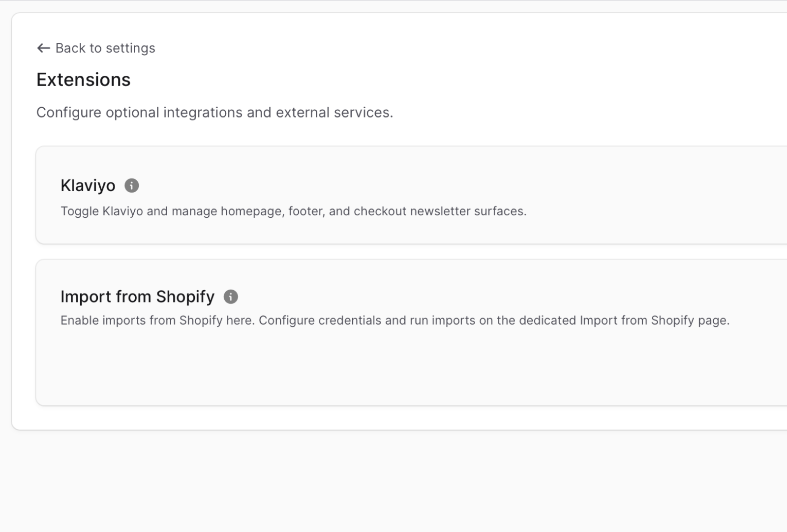 Extensions settings with Klaviyo and Shopify import controls