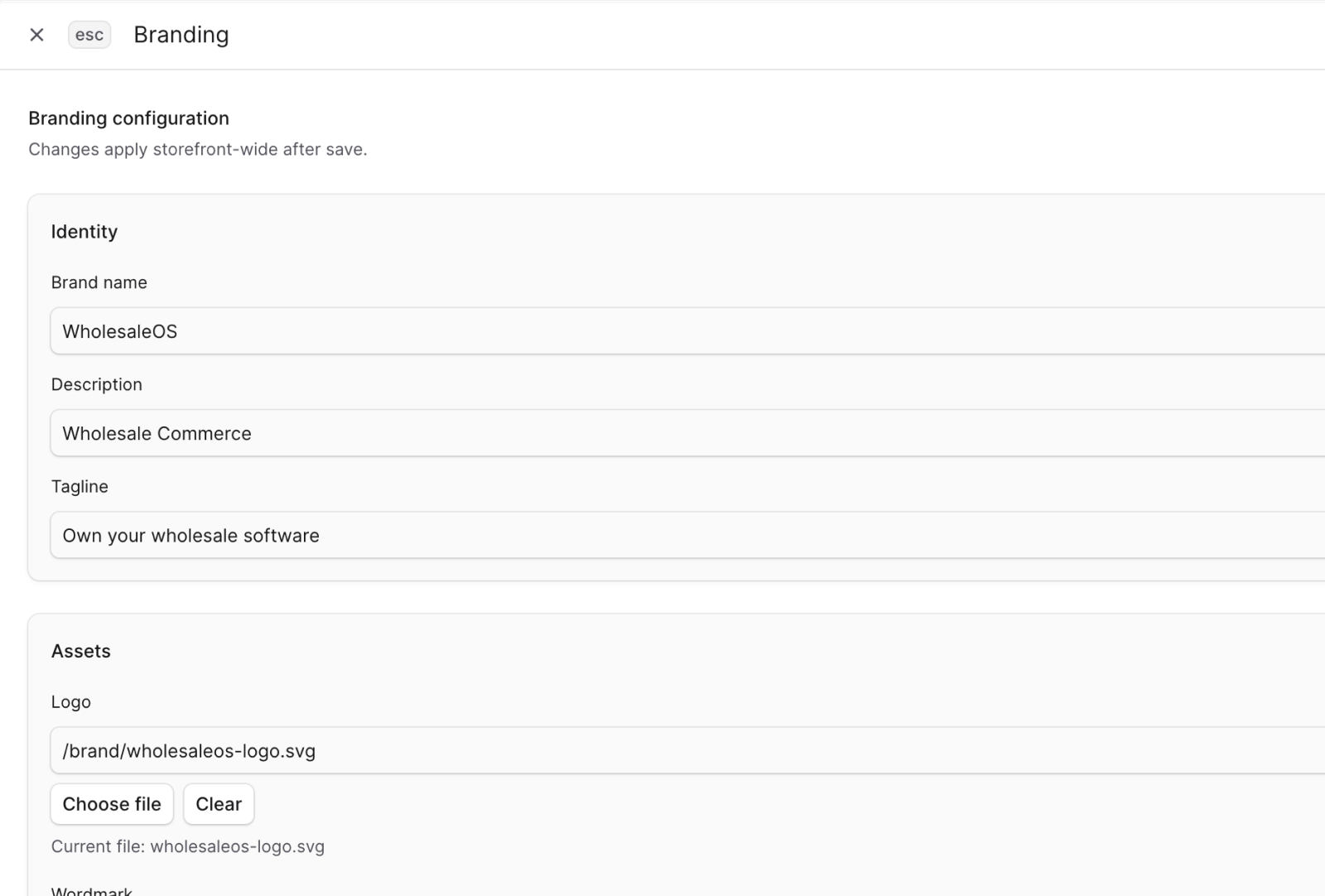 Branding settings screen with logos, metadata, and social links