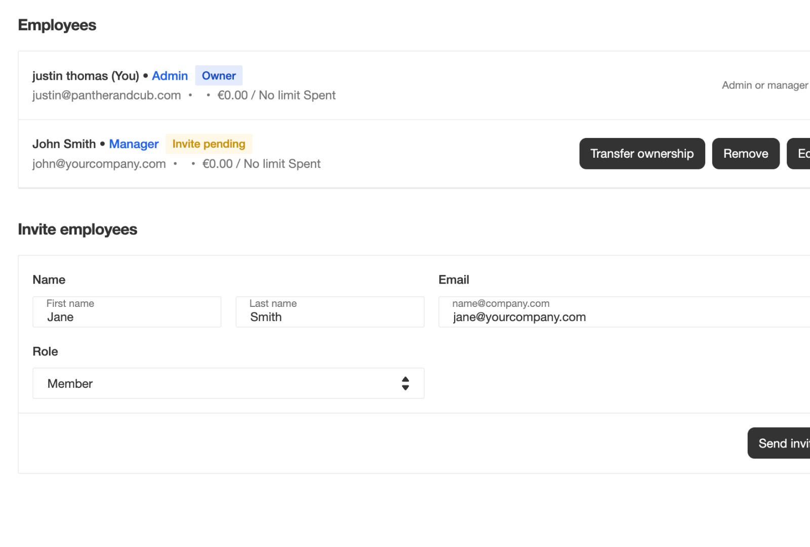 Company operations with invite onboarding and member management