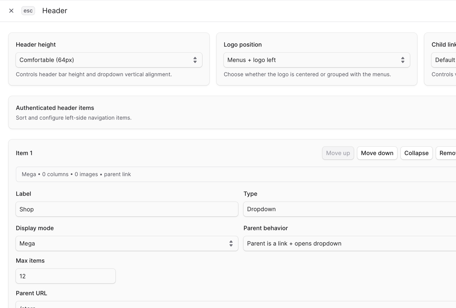 Home, header, and footer editor controls