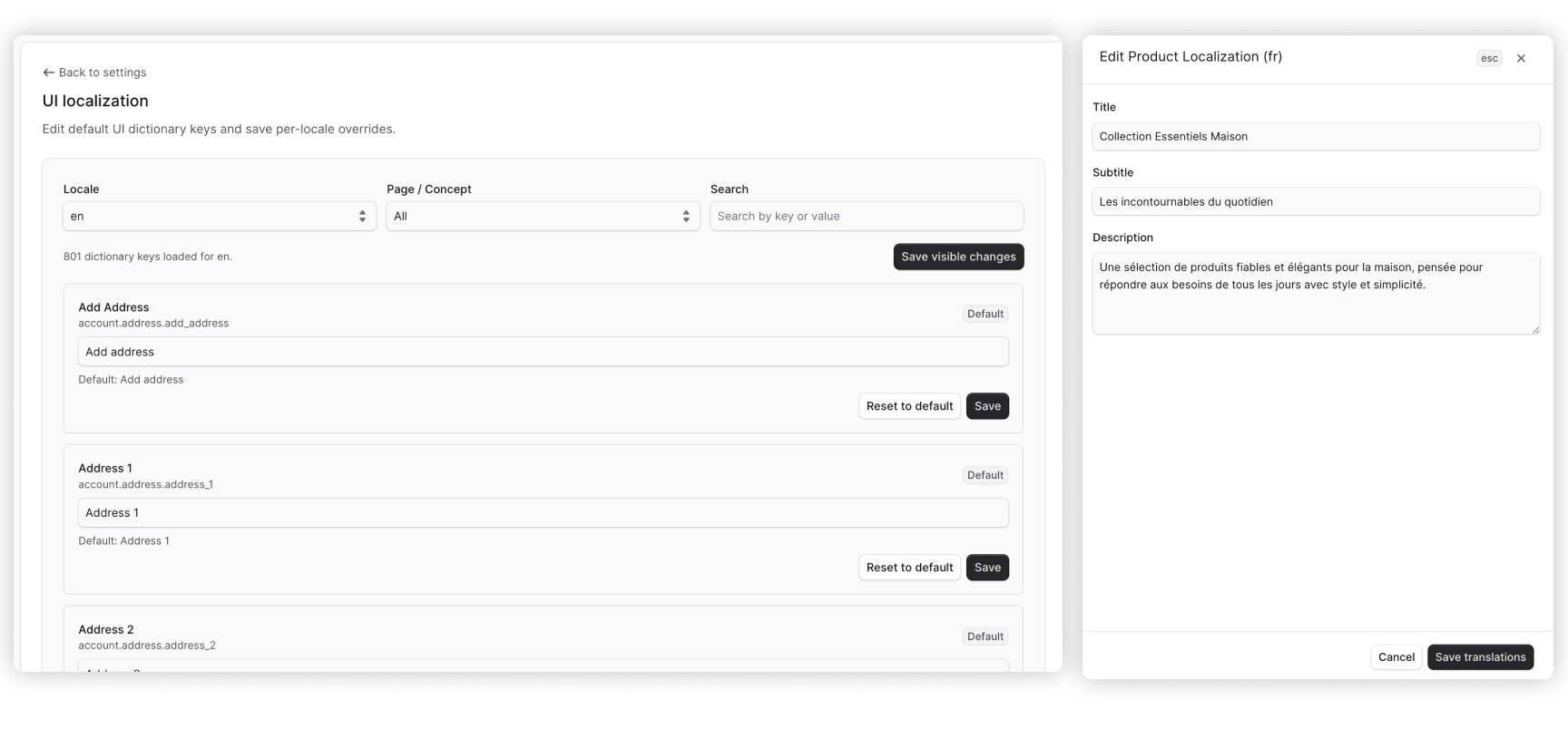 Storefront localization settings for languages, UI overrides, and catalog translations